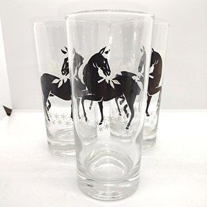 3 Unicorn Glasses Clear Glass Black Design Vintage 8oz